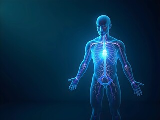 3D medical visualization showing human nervous system with glowing blue translucent body highlighting neural pathways and spinal cord against dark background, for healthcare and medical concept