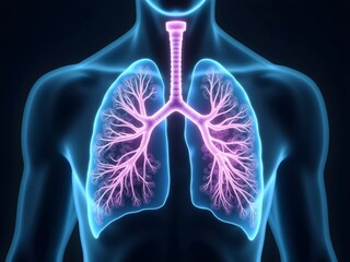 Futuristic 3D medical illustration of human lungs with a glowing respiratory system, symbolizing lung health, breathing, and pulmonary science. Ideal for healthcare, technology, and medical concept
