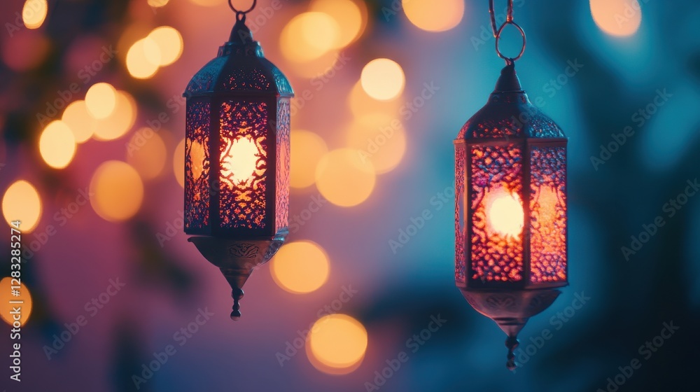 Poster elegant lanterns with warm light against a soft bokeh background