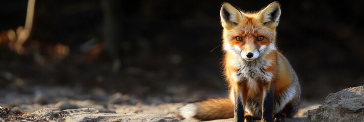 Obraz premium Red fox rests on rocky ground in forest under warm sunlight during late afternoon. Generative AI