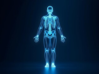 Glowing 3D human body and skeleton illustration. Medical concept on a dark background
