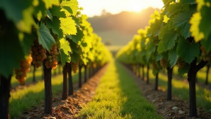 Naklejka premium Golden Hour Vineyard Rows Lush Green Vines with Ripe Grapes Basking in the Sunset's Warm Glow