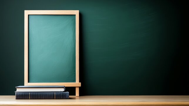 Simple Wooden Frame Blackboard with Books on a Wooden Table