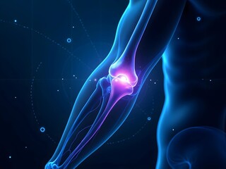 Glowing 3D elbow joint illustration. Medical concept on a dark blue background