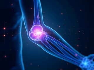 Glowing 3D elbow joint illustration. Medical concept on a dark blue background
