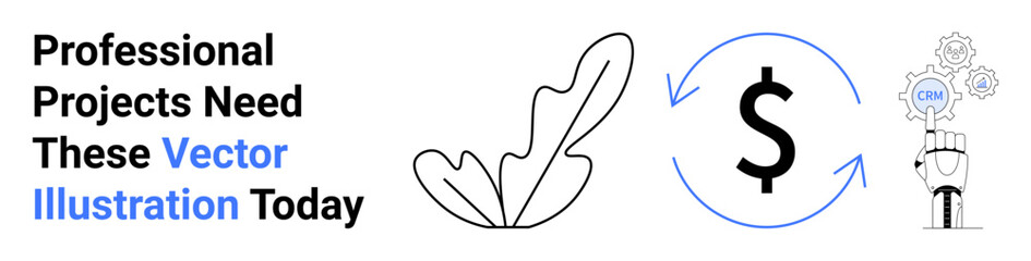 Hand with gear suggests innovation, arrowed circle around a dollar implies finance and growth, abstract leaf evokes nature and sustainability. Ideal for business, tech, finance, eco design, energy