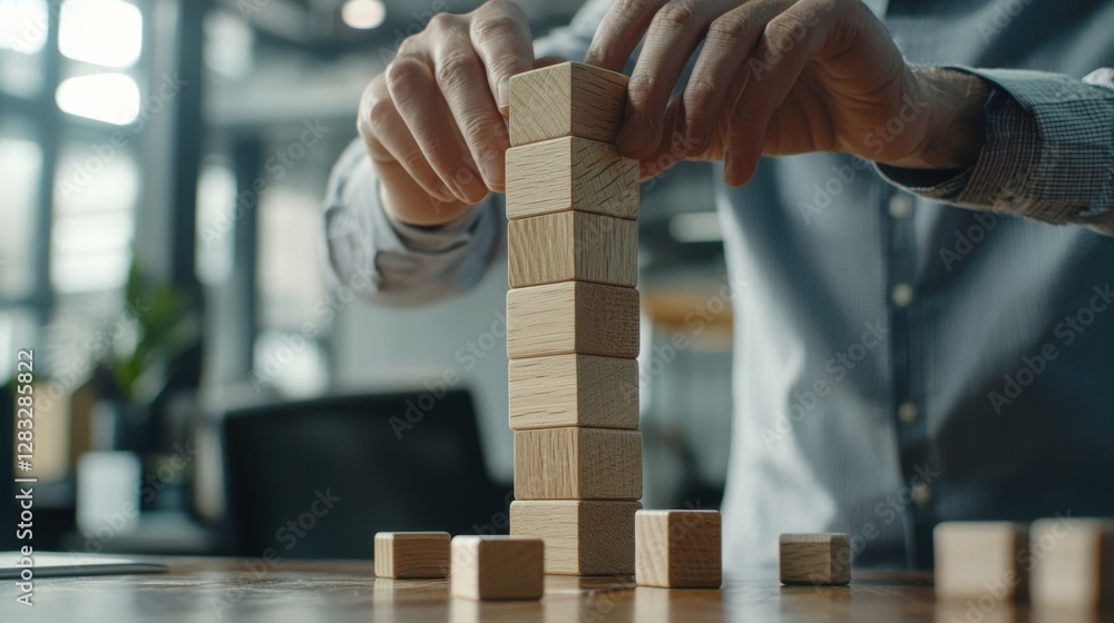 Poster a man is stacking wooden blocks on top of each other