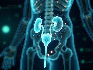 3D medical visualization of urinary system showing glowing blue kidneys, bladder, and ureter, illustrating urological examination and kidney health monitoring concept