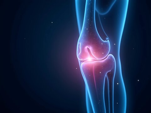 Glowing 3D knee joint illustration. Medical concept on a dark blue background