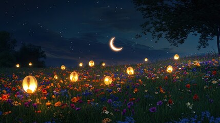 A tranquil Ramadan field lit by glowing crescent lanterns scattered among vibrant wildflowers
