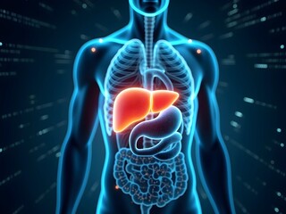 3D medical visualization highlighting the glowing liver within a translucent human body silhouette, showcasing the digestive system against a dark background with digital elements