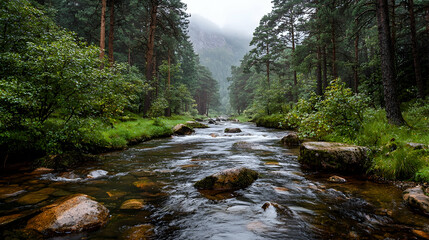 Obraz premium Serene river flowing through misty forest, tranquil landscape ideal for nature documentaries