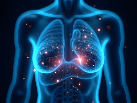 3D visualization of female breast anatomy with glowing blue translucent effect, detailed mammary structure with illuminated particles, medical examination or breast cancer awareness concept