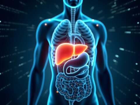 3D medical visualization highlighting the glowing liver within a translucent human body silhouette, showcasing the digestive system against a dark background with digital elements