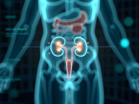 3D medical visualization of urinary system showing glowing blue kidneys, bladder, and ureter, illustrating urological examination and kidney health monitoring concept