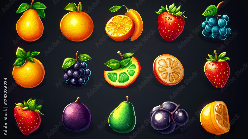 Poster fruit icon for casino ui game interface cartoon element set. food button for match 3 mobile gamble a