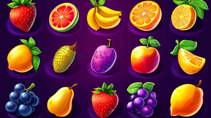 Fruit icon for casino ui game interface cartoon element set. Food button for match 3 mobile gamble app vector 2d collection. banana, strawberry, plum, lemon, orange, blueberry and pear item symbol