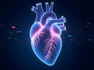 Glowing 3D heart illustration on a dark tech background. Medical concept