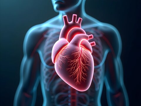 A futuristic, high-contrast image of the human body's internal organs, illuminated in vibrant blues and oranges, with a 3D holographic effect, for advanced medical technology, medical concept