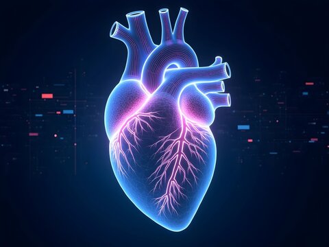 Glowing 3D heart illustration on a dark tech background. Medical concept