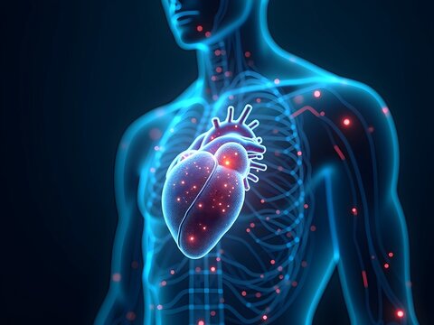 A futuristic, high-contrast image of the human body's internal organs, illuminated in vibrant blues and oranges, with a 3D holographic effect, for advanced medical technology, medical concept