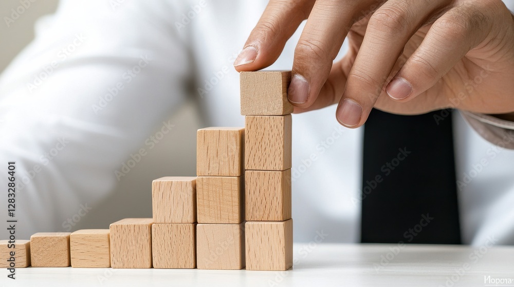 Poster a man is stacking wooden blocks on top of each other