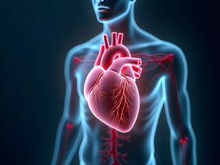 A futuristic, high-contrast image of the human body's internal organs, illuminated in vibrant blues and oranges, with a 3D holographic effect, for advanced medical technology, medical concept