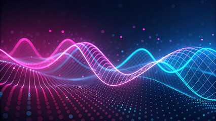 Glowing pink and blue neon digital waveform with a futuristic holographic data flow. Abstract high-tech wallpaper with soft bokeh, deep depth of field, and sleek design