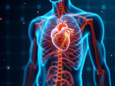A futuristic, high-contrast image of the human body's internal organs, illuminated in vibrant blues and oranges, with a 3D holographic effect, for advanced medical technology, medical concept