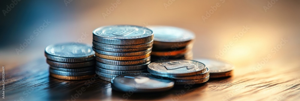 Aufkleber Stacks of coins arranged on a wooden surface reflecting warm light during evening hours. Generative AI