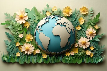 Planet Earth and tropical leaves and flowers