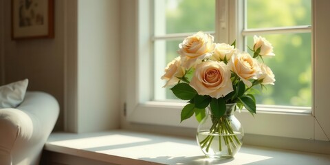 A delicate bouquet of light beige roses in a clear glass vase sits on a sunlit windowsill, near a piece of furniture.