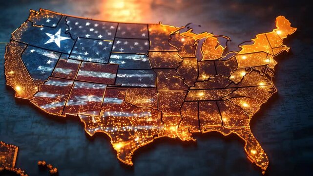 Illuminated USA map with flag overlay shows population density, ideal for news, politics, and travel background videos. - Powered by Adobe