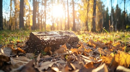 Obraz premium Sunlit Autumn Forest Scene with Fallen Leaves and Log Nature Setting Warm Environment Ground View