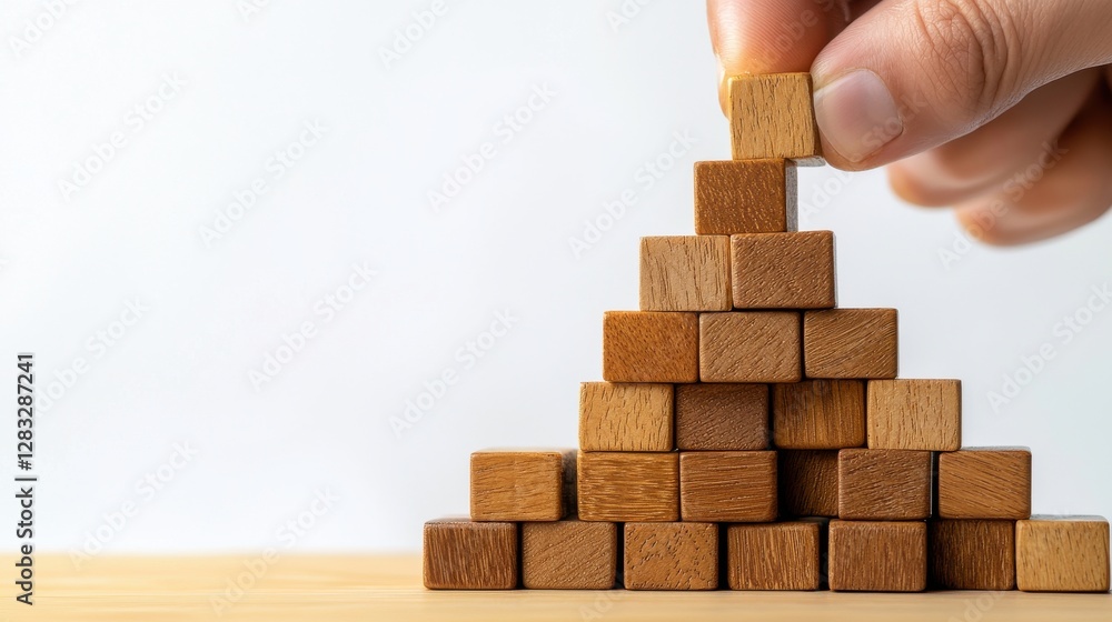 Poster a person is holding a wooden block on top of a stack of wooden blocks