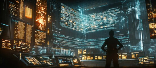 Person silhouetted against futuristic data screens.