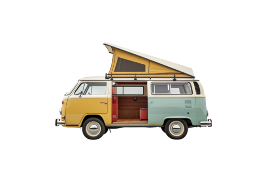 A classic two-tone camper van with a yellow pop-up roof. The open sliding door reveals a cozy wooden interior, evoking a nostalgic, isolated on a transparent background