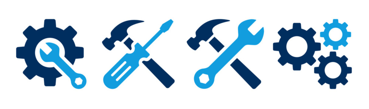 Service, repair and tool icons set. Wrench, screwdriver, hammer and gear icon. 