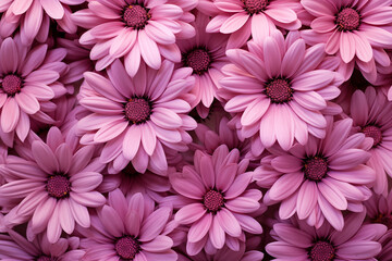 A close-up, full-frame view of a floral background featuring a rich texture of purple daisy flowers