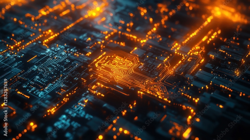 Poster glowing circuit board with central processor.