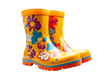 Brightly colored floral rain boots on display