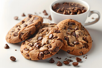 A plate of freshly baked chocolate chip cookies beside a steaming cup of coffee on a wooden table.