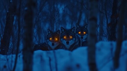 Fototapeta premium Mysterious Wolves with Glowing Eyes in Dark Forest at Night