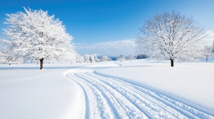 Obraz premium Snowy landscape, winding path, winter trees, clear sky, idyllic scene, winter postcard