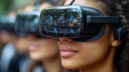 VR experience, diverse group, urban setting, futuristic technology