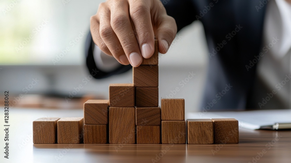 Poster a person is stacking wooden blocks on top of each other