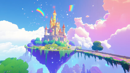 Purple fantasy sky with floating island and magic castle cartoon illustration. Fairytale mobile rpg game vector background with medieval princess mansion with rainbow landscape on flying platform