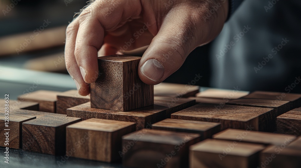 Poster a hand is holding a wooden block in front of a pile of wooden blocks
