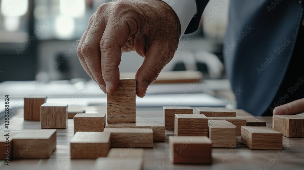 Poster A man is holding a wooden block and placing it on top of another block