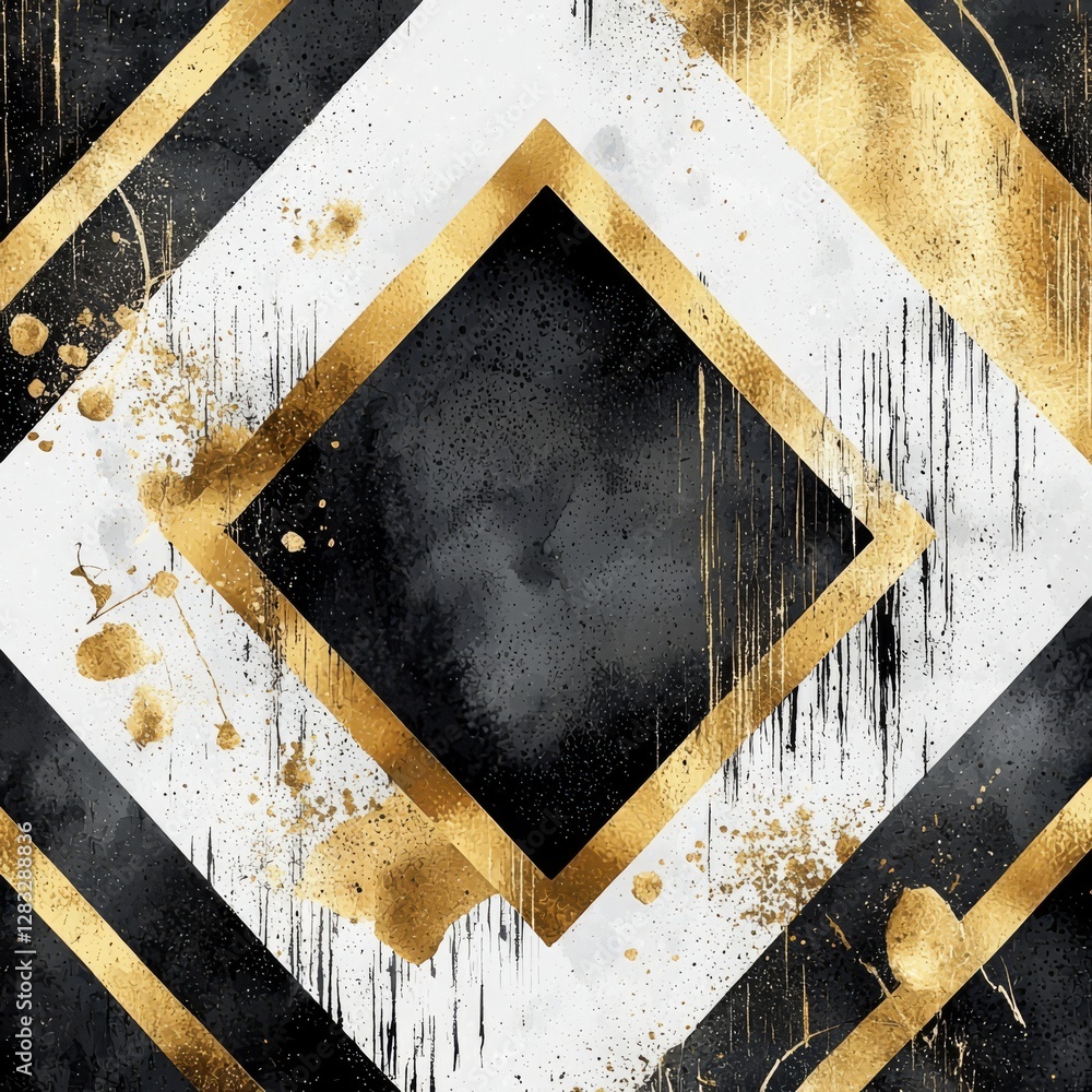 Poster geometric elegance: a captivating abstract composition, featuring a dynamic interplay of black, gold